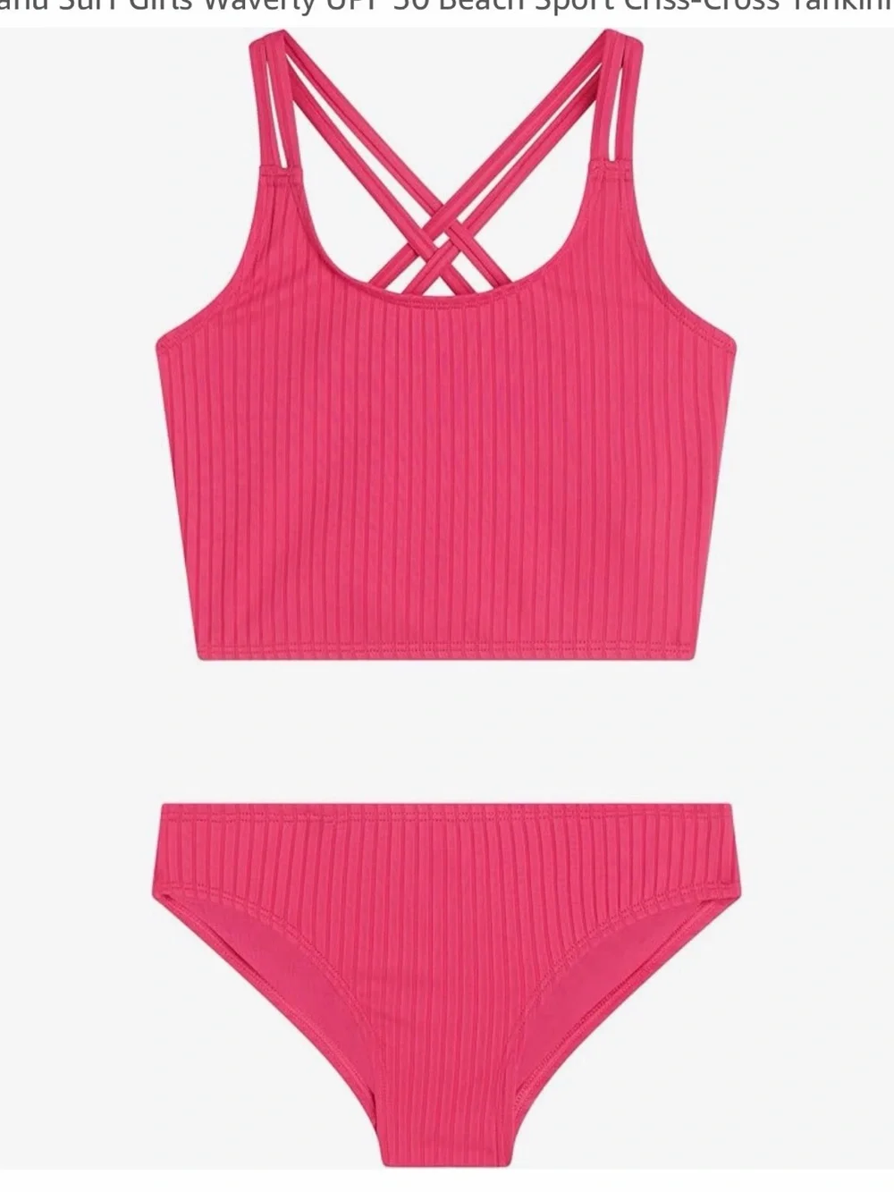 Kanu Surf Girls' UPF 50+ Beach Sport Criss-Cross Tankini, Solid Pink 8